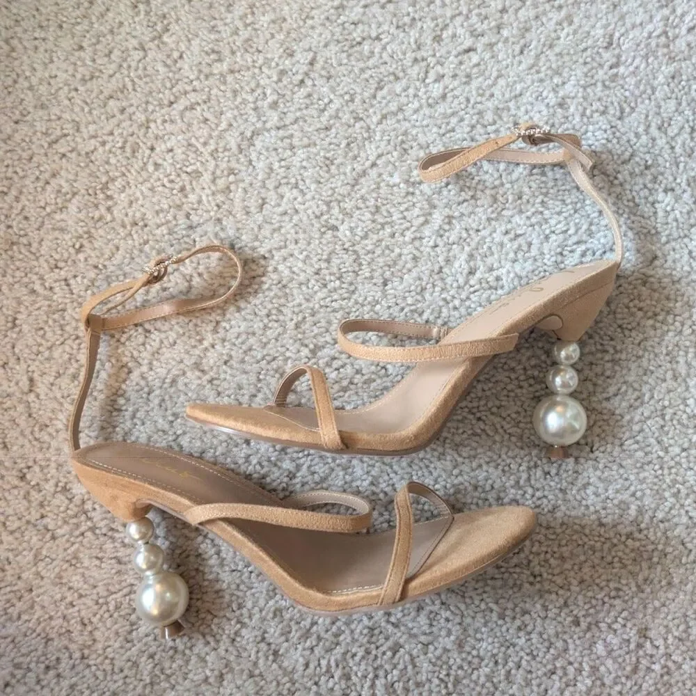 NWOT Lulus Linnett Tan Strappy Statement Bubble Pearl Heel Sandals Sz 10